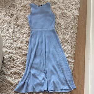 Blue Knit Pleated Midi Sleeveless Dress